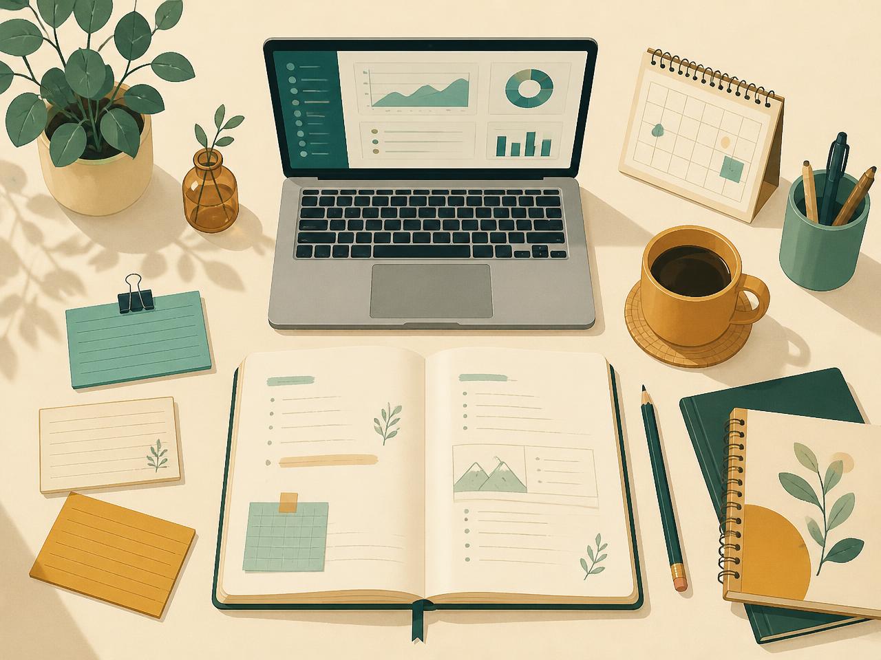 A study desk with notes, flashcards, a calendar and a laptop showing a study dashboard